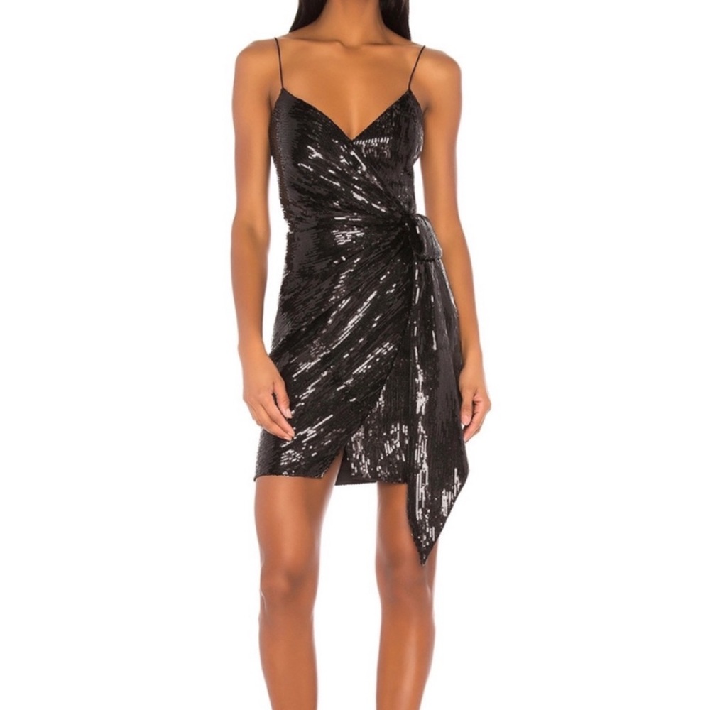 Retrofete Black Mary Sequins Spaghetti Strap Faux Wrap Dress